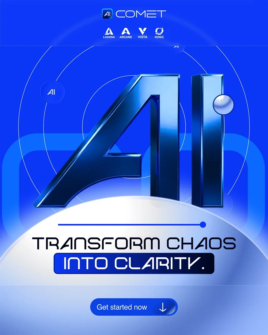 Peça: Transform chaos into clarity, com a marca tridimensional do AI Comet